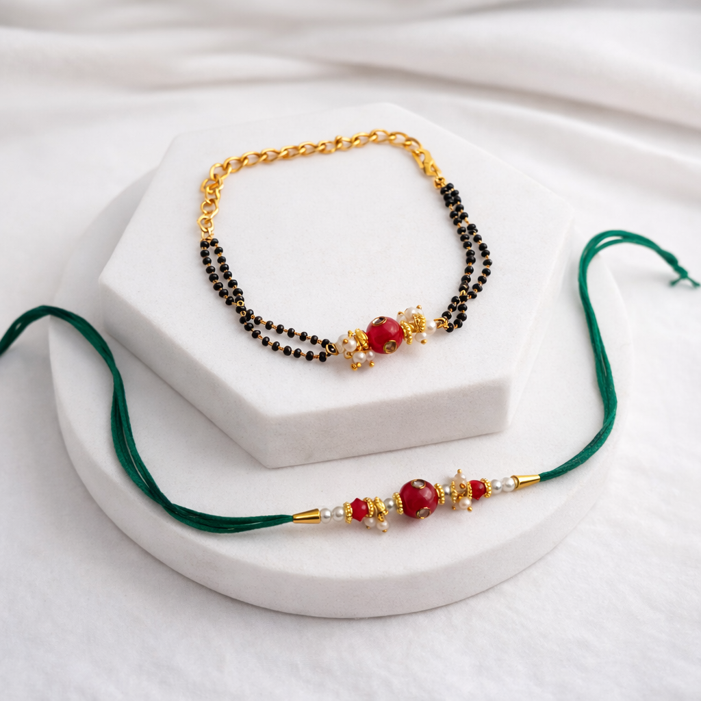 Royal Red Bead Rakhi & Bracelet Set
