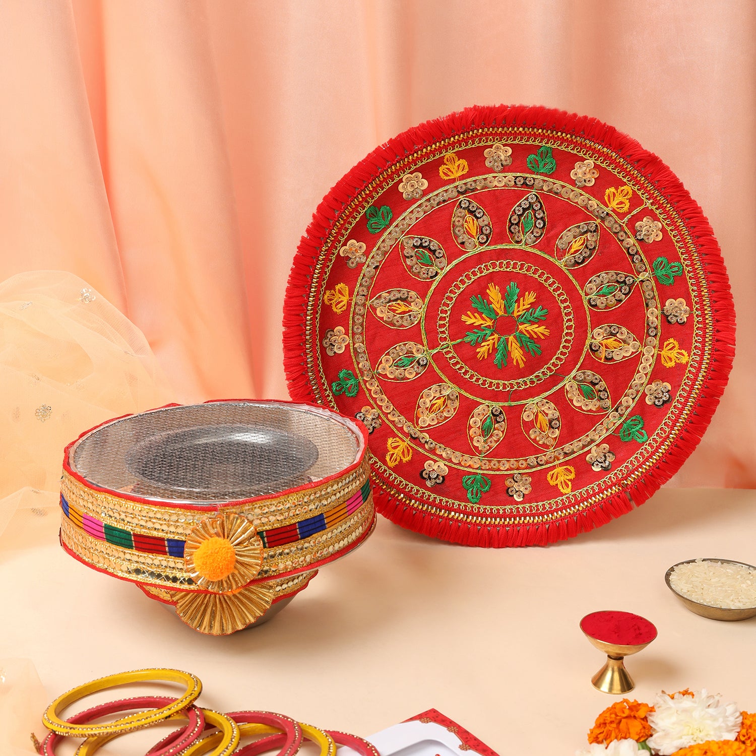 Designer Karvachauth Pooja Thali, Channi & Lota – Red Multi-Color Embroidery Edition