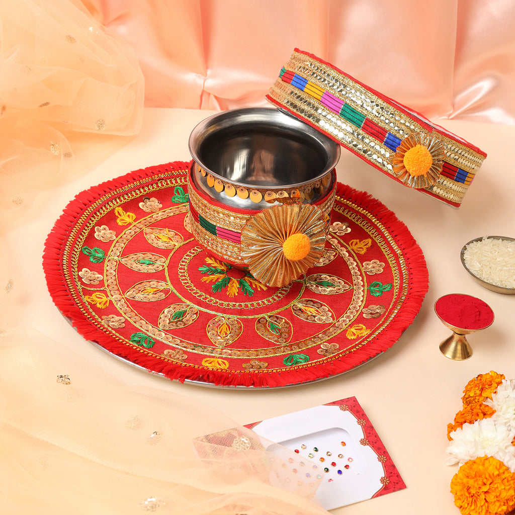 Designer Karvachauth Pooja Thali, Channi & Lota – Red Multi-Color Embroidery Edition