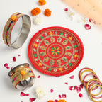 Designer Karvachauth Pooja Thali, Channi & Lota – Red Multi-Color Embroidery Edition