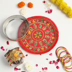 Designer Karvachauth Pooja Thali, Channi & Lota – Red Multi-Color Embroidery Edition