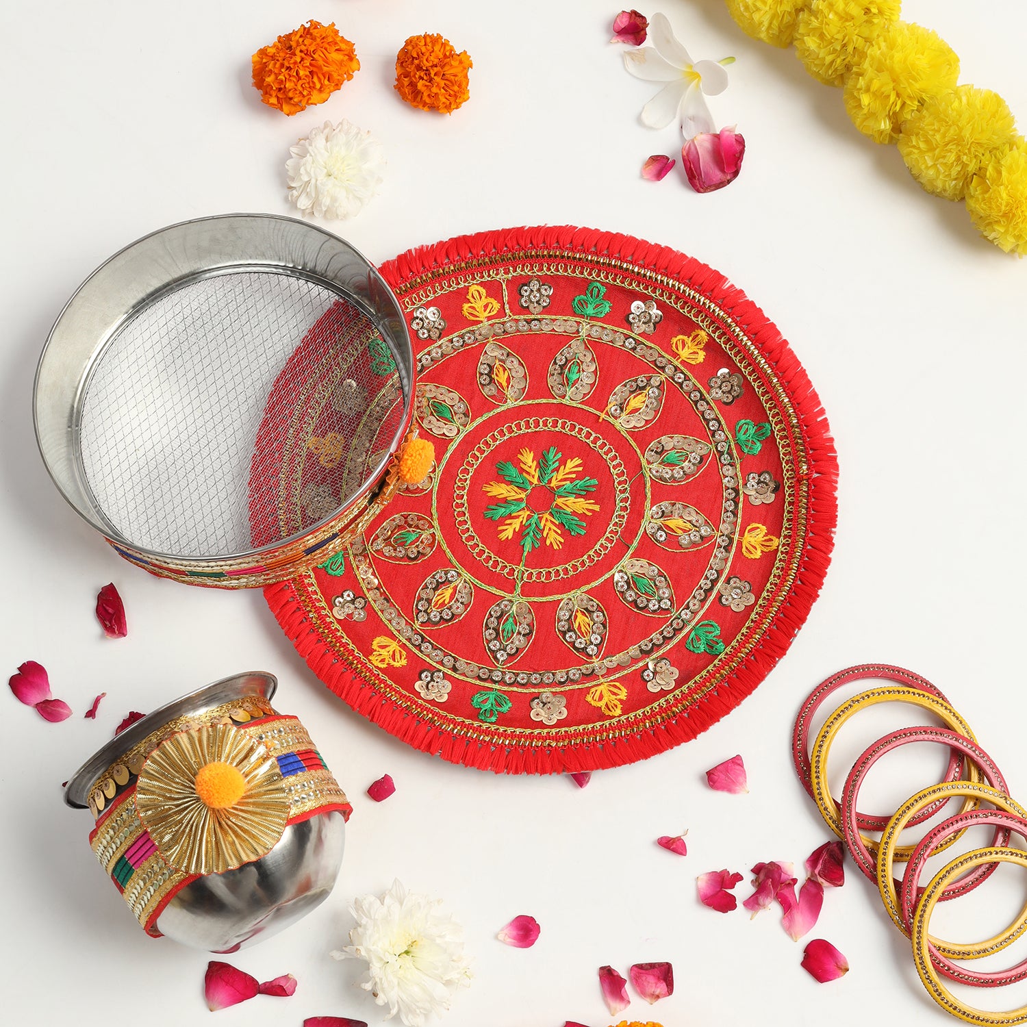 Designer Karvachauth Pooja Thali, Channi & Lota – Red Multi-Color Embroidery Edition