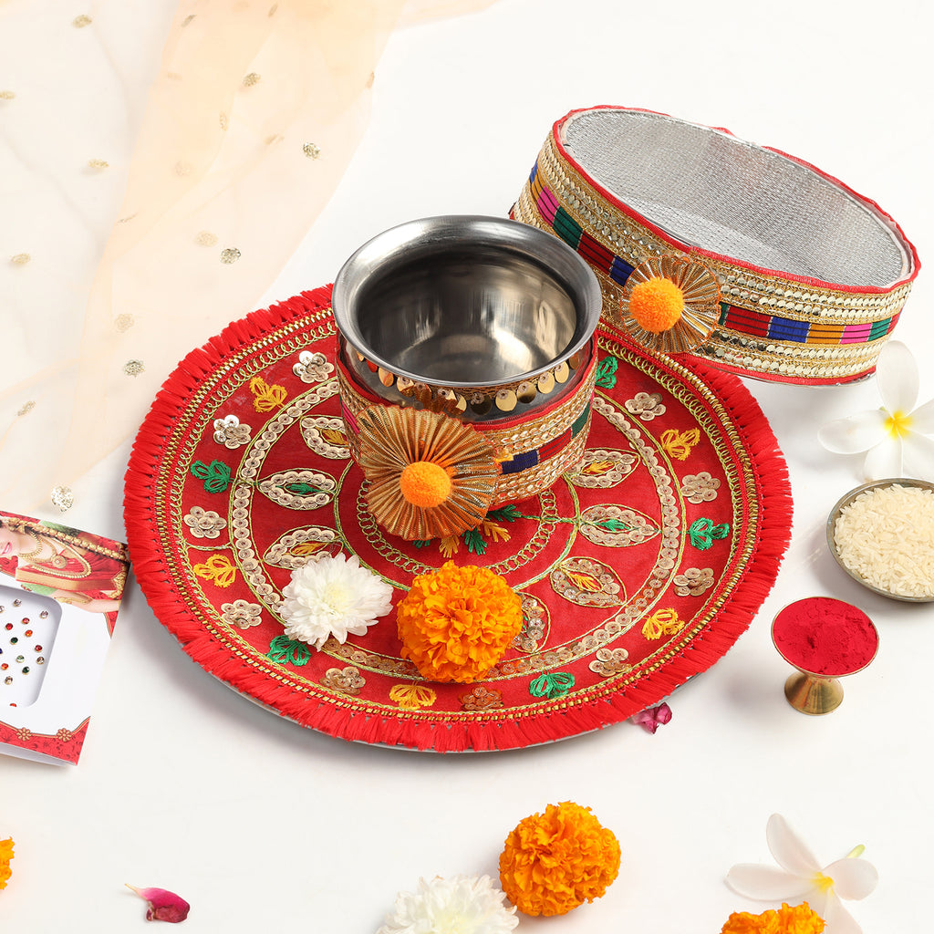 Designer Karvachauth Pooja Thali, Channi & Lota – Red Multi-Color Embroidery Edition