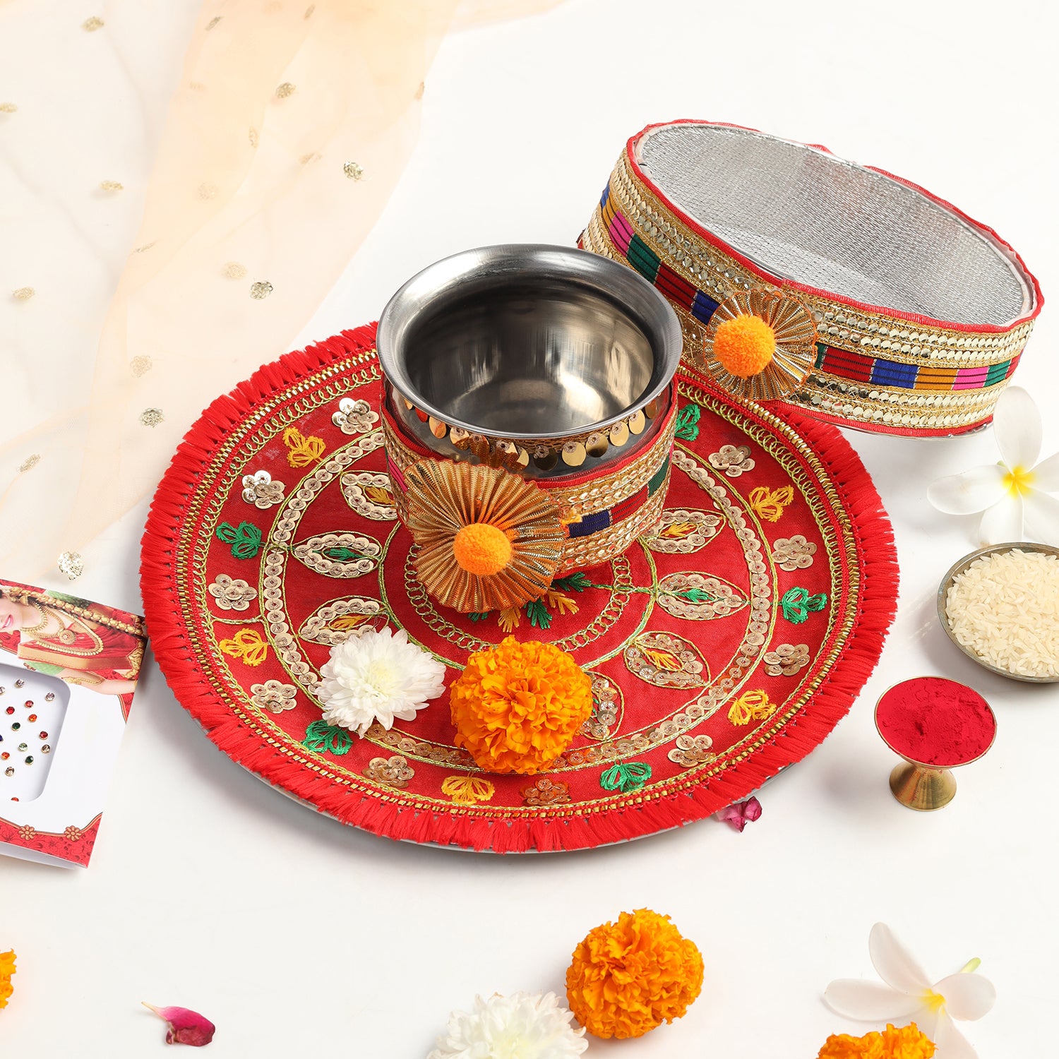 Designer Karvachauth Pooja Thali, Channi & Lota – Red Multi-Color Embroidery Edition