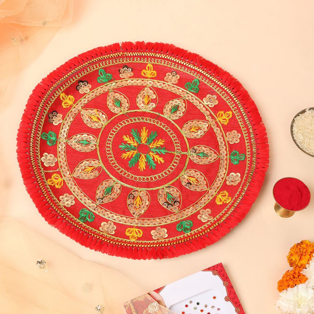 Designer Karvachauth Pooja Thali, Channi & Lota – Red Multi-Color Embroidery Edition