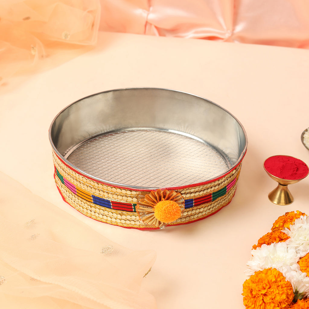 Designer Karvachauth Pooja Thali, Channi & Lota – Red Multi-Color Embroidery Edition