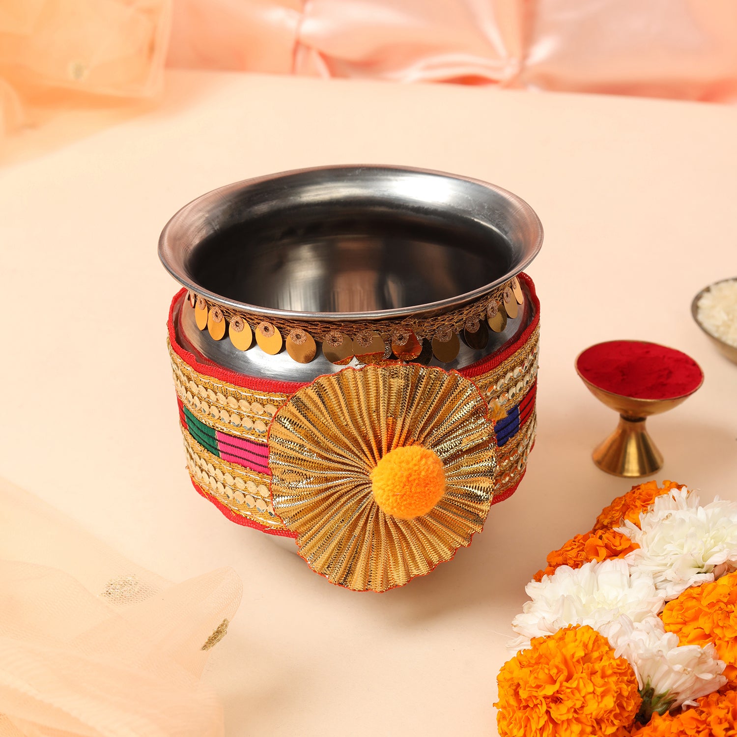 Designer Karvachauth Pooja Thali, Channi & Lota – Red Multi-Color Embroidery Edition