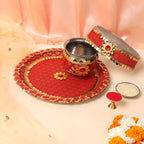 Royal Red Brocade & Stone Designer Karvachauth Pooja Thali, Channi & Lota