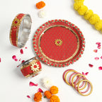 Royal Red Brocade & Stone Designer Karvachauth Pooja Thali, Channi & Lota