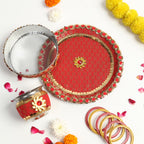 Royal Red Brocade & Stone Designer Karvachauth Pooja Thali, Channi & Lota