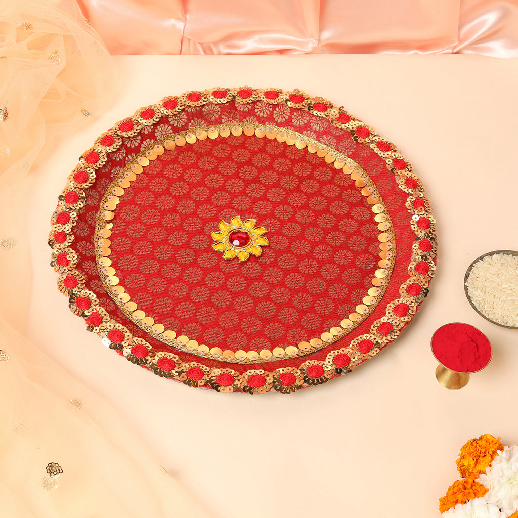 Royal Red Brocade & Stone Designer Karvachauth Pooja Thali, Channi & Lota