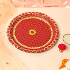 Royal Red Brocade & Stone Designer Karvachauth Pooja Thali, Channi & Lota