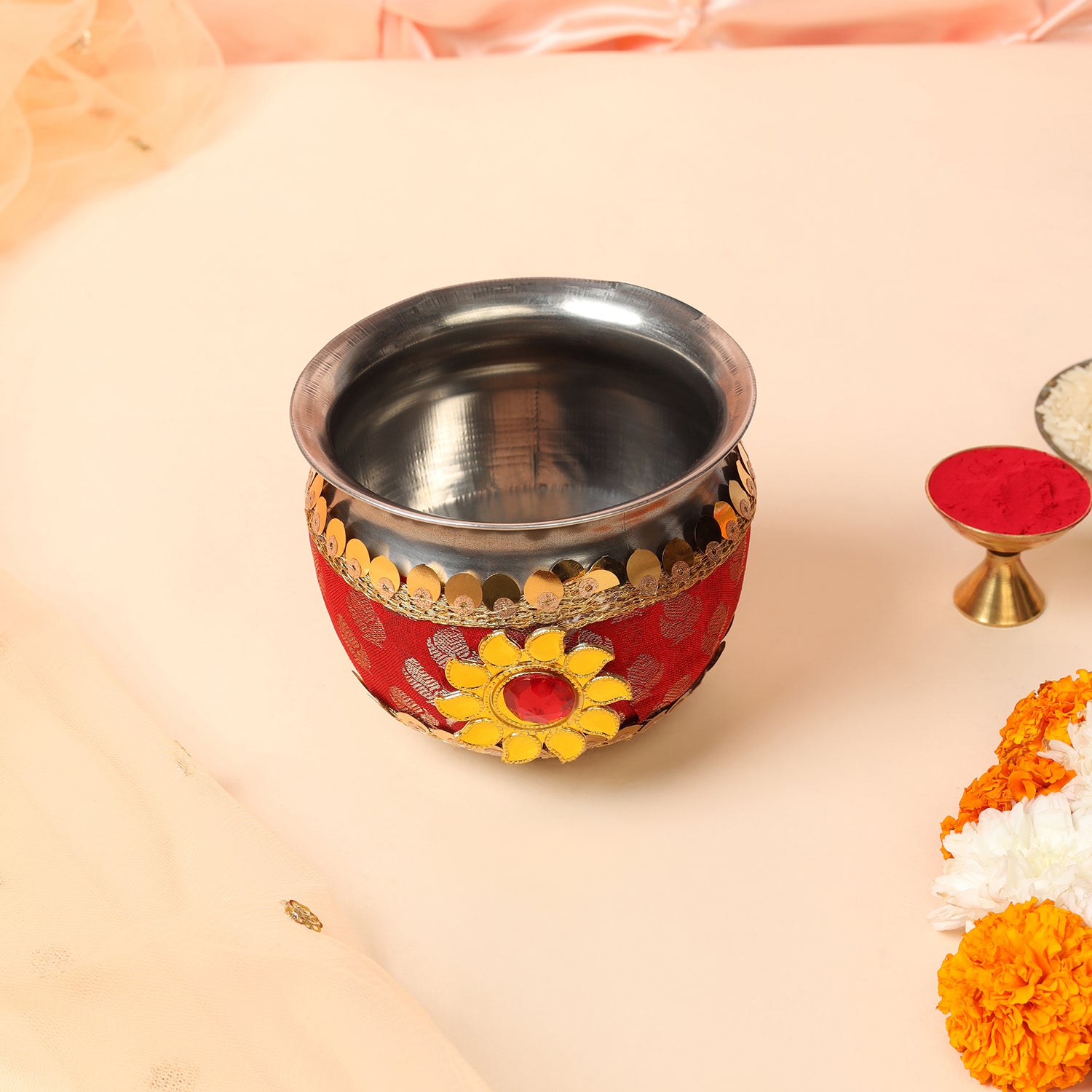 Royal Red Brocade & Stone Designer Karvachauth Pooja Thali, Channi & Lota