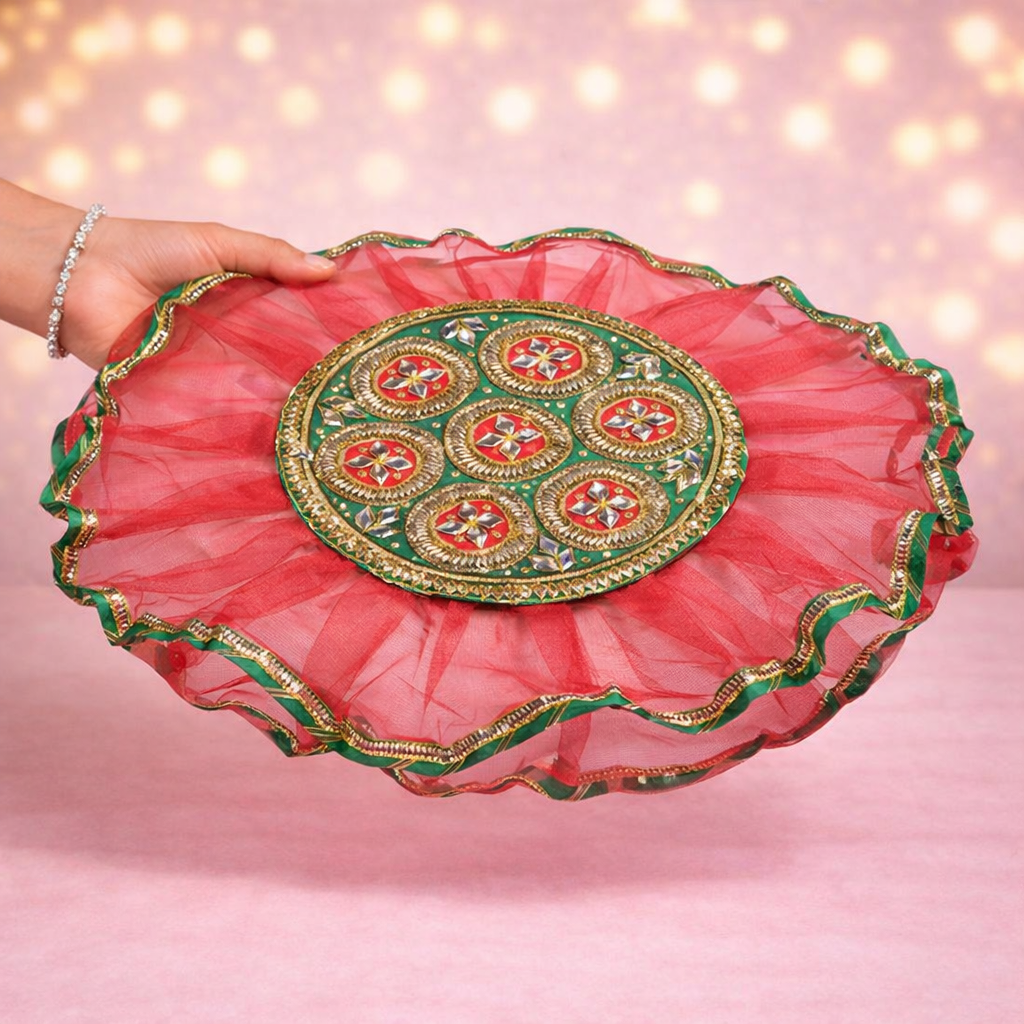 Premium Red Green Fancy Pooja Thal Cover