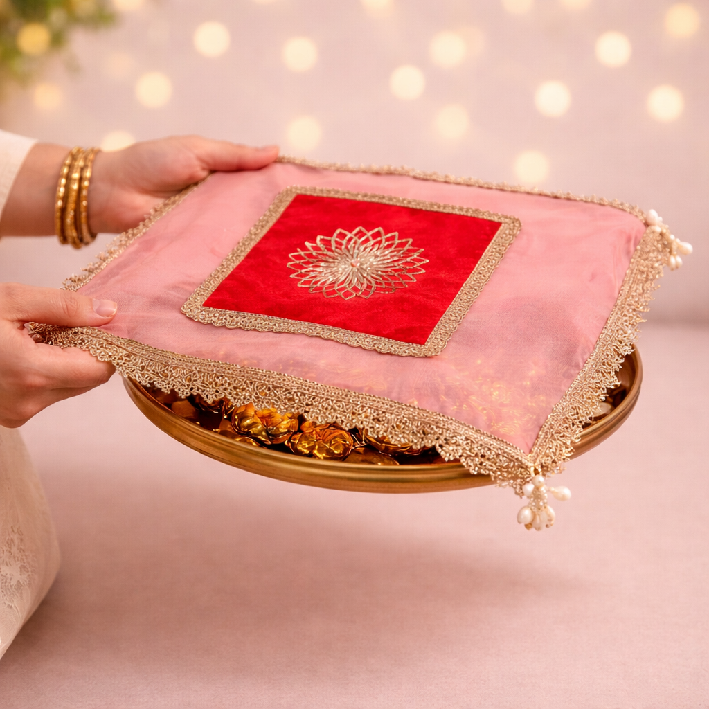 Premium Pink Net Pooja Thal Cover