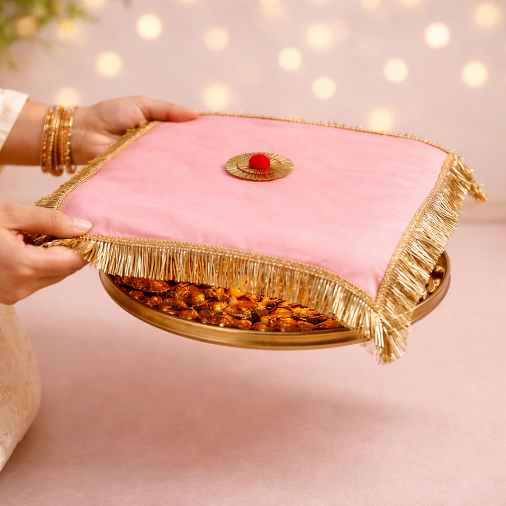 Premium Pink Fringe Pooja Thal Cover