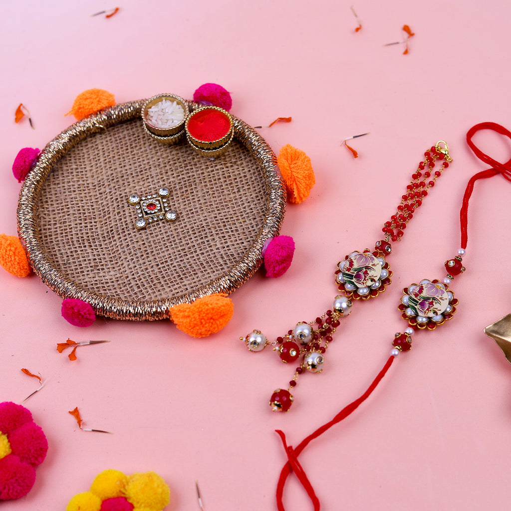 Premium Bhaiya Bhabhi Rakhi Set with Designer Pooja Thali, Greeting Card & Roli Chawal