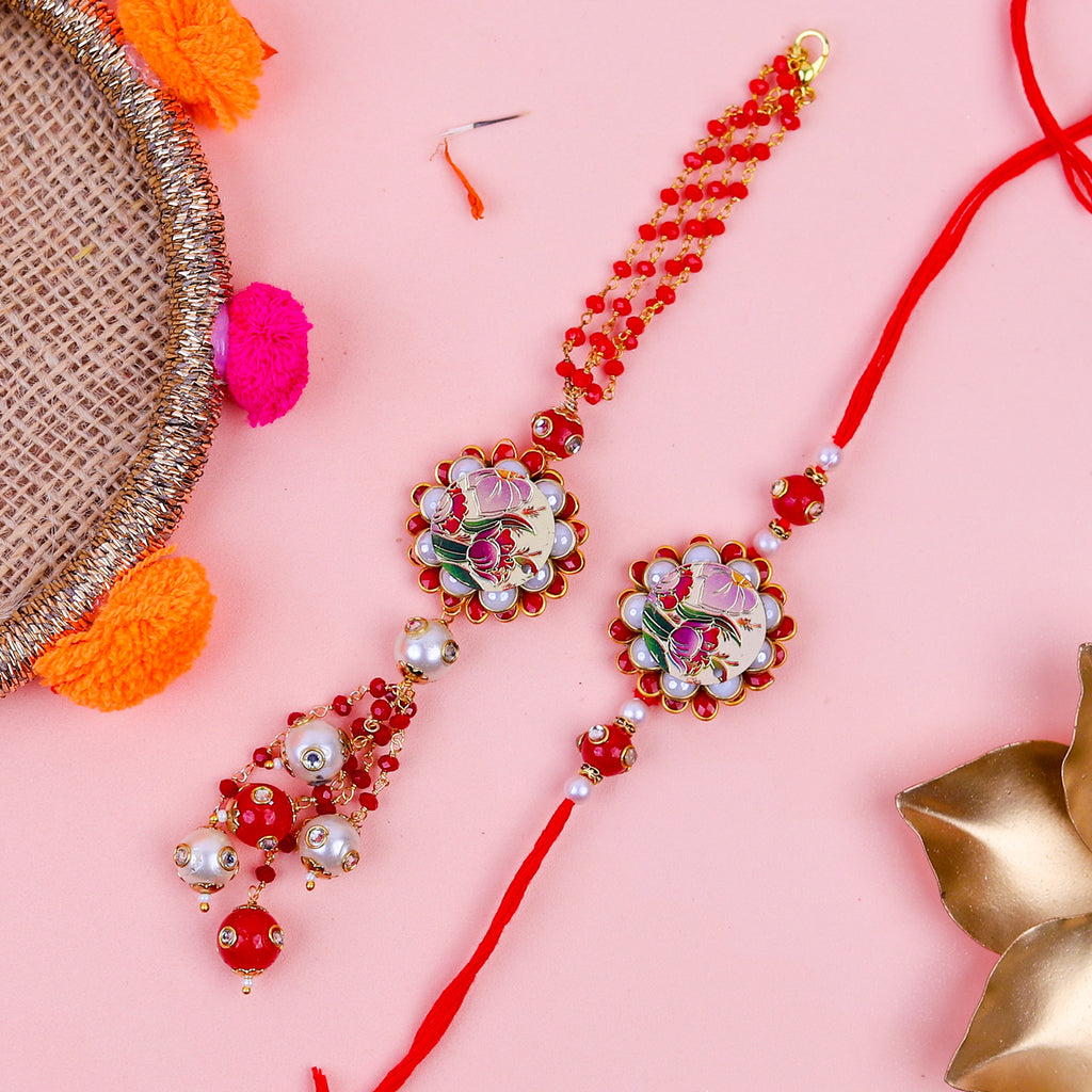 Premium Bhaiya Bhabhi Rakhi Set with Designer Pooja Thali, Greeting Card & Roli Chawal