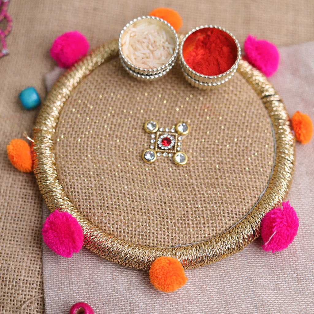 Premium Bhaiya Bhabhi Rakhi Set with Designer Pooja Thali, Greeting Card & Roli Chawal
