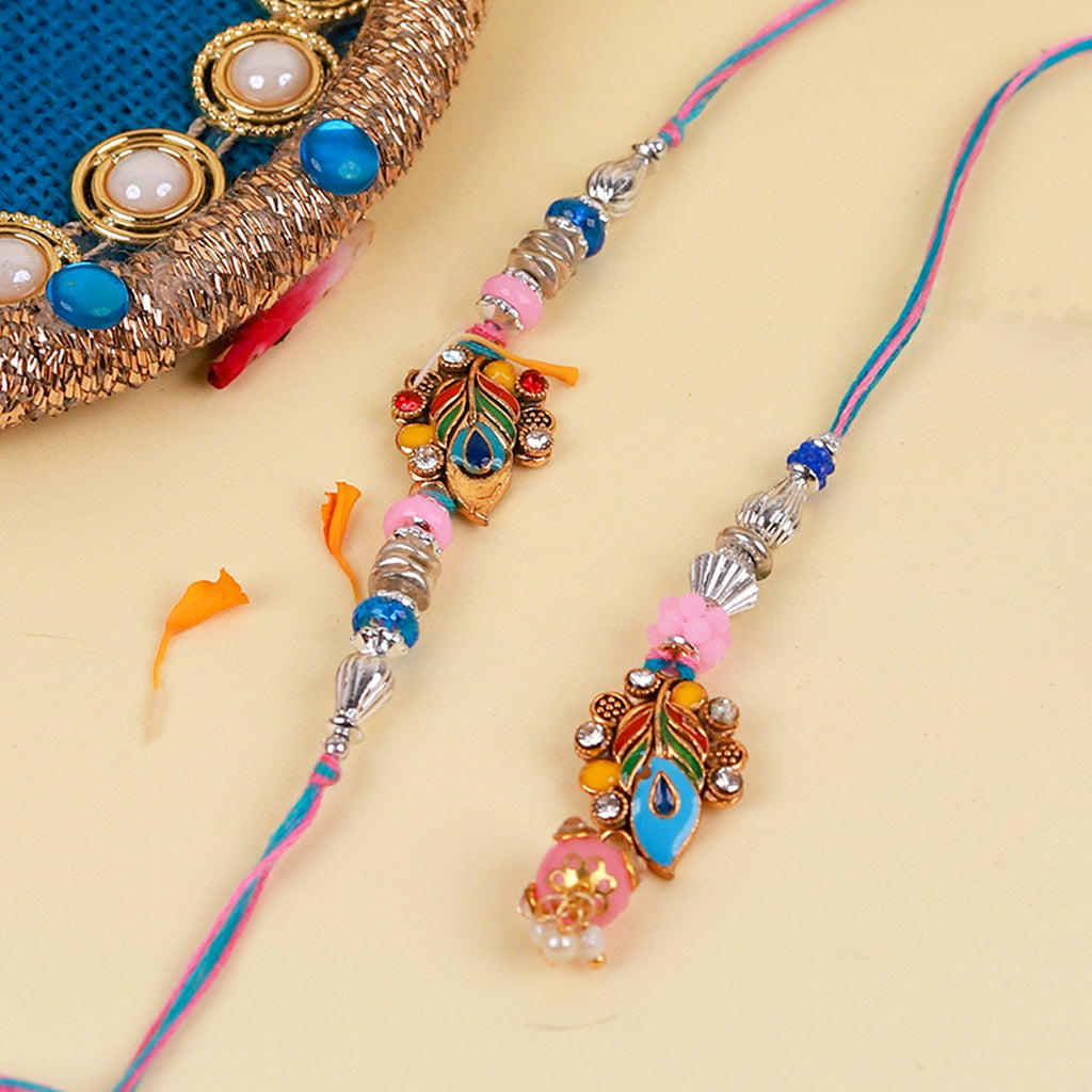 Designer Bhaiya Bhabhi Rakhi Set with Royal Pooja Thali, Greeting Card & Roli Chawal