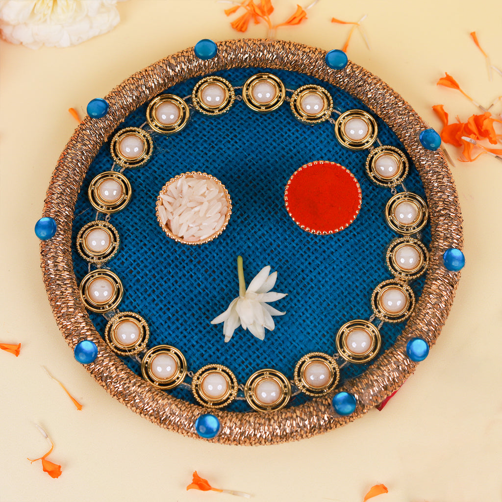 Designer Bhaiya Bhabhi Rakhi Set with Royal Pooja Thali, Greeting Card & Roli Chawal