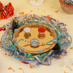Designer Bhaiya Bhabhi Rakhi Set with Jute-Finish Pooja Thali, Greeting Card & Roli Chawal