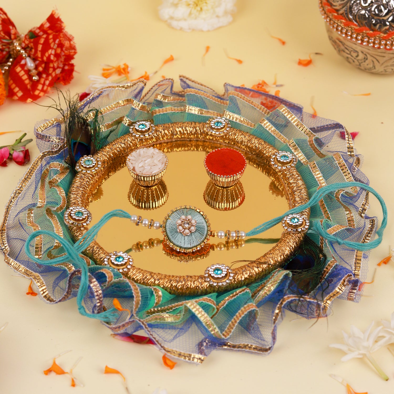 Designer Bhaiya Bhabhi Rakhi Set with Jute-Finish Pooja Thali, Greeting Card & Roli Chawal