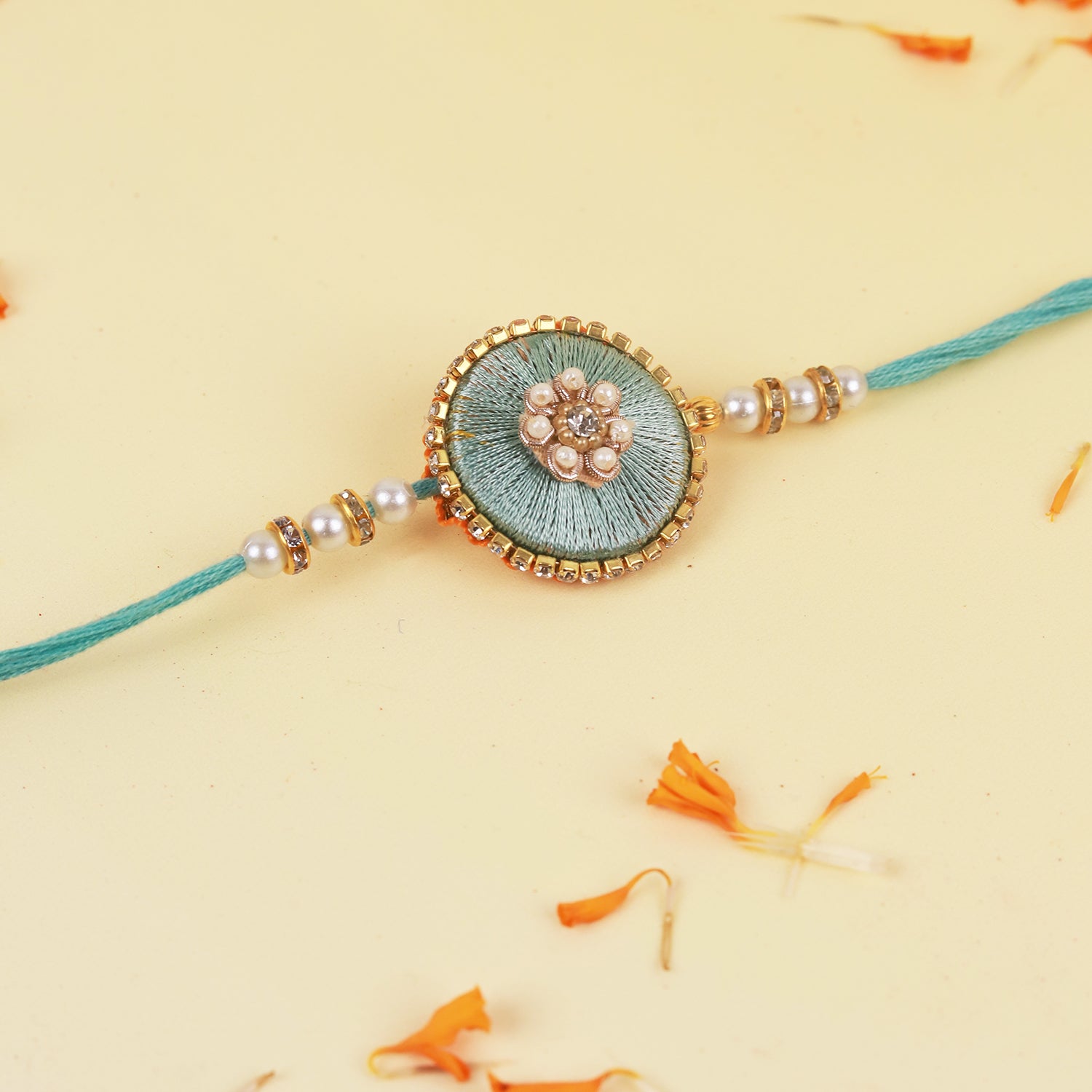 Designer Bhaiya Bhabhi Rakhi Set with Jute-Finish Pooja Thali, Greeting Card & Roli Chawal