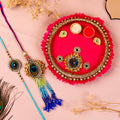 Premium Bhaiya Bhabhi Rakhi Set with Designer Pink Feather Pooja Thali & Roli-Chawal