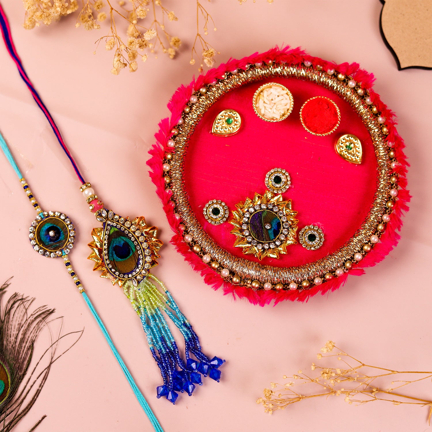 Premium Bhaiya Bhabhi Rakhi Set with Designer Pink Feather Pooja Thali & Roli-Chawal