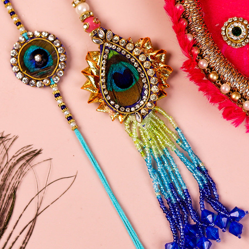 Premium Bhaiya Bhabhi Rakhi Set with Designer Pink Feather Pooja Thali & Roli-Chawal