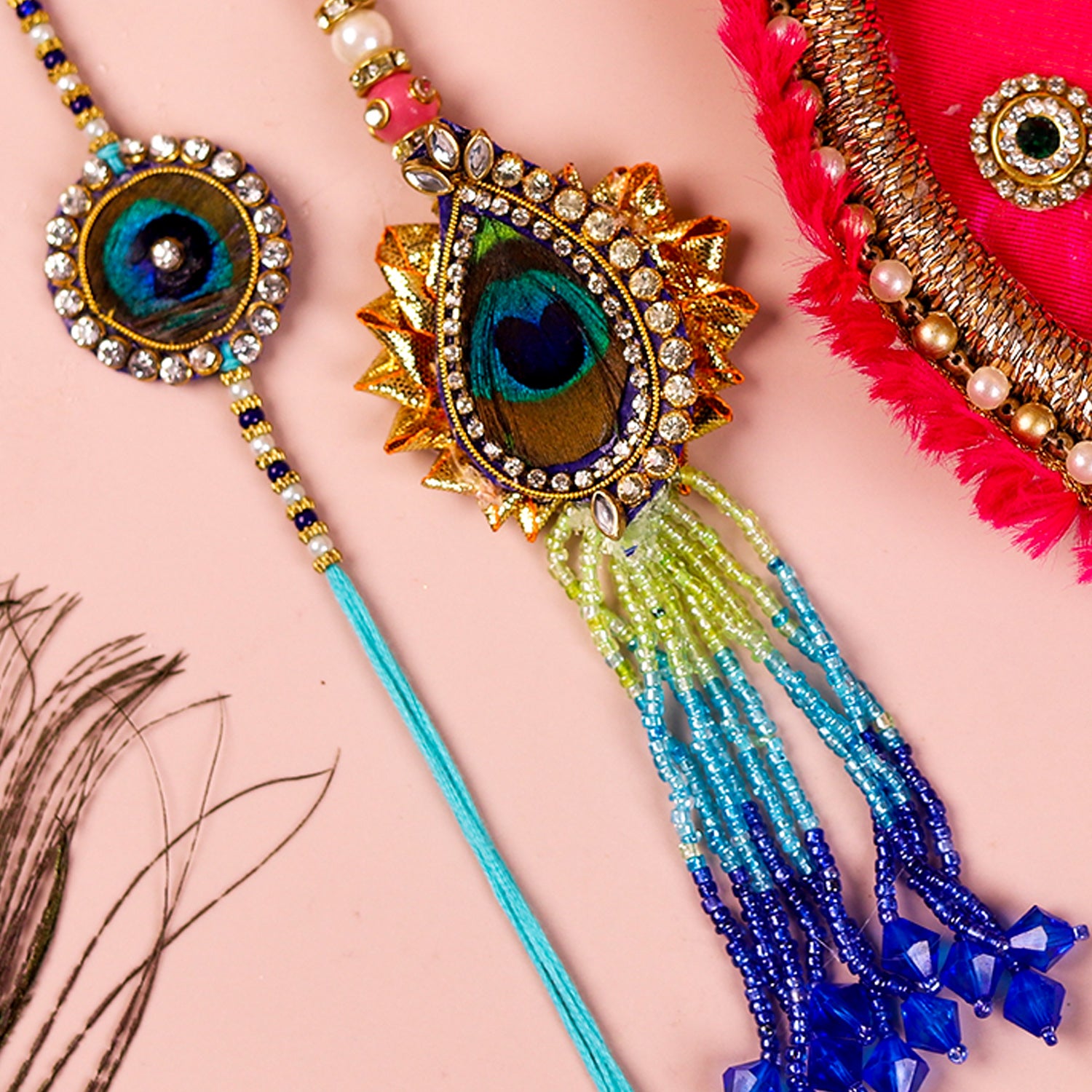 Premium Bhaiya Bhabhi Rakhi Set with Designer Pink Feather Pooja Thali & Roli-Chawal