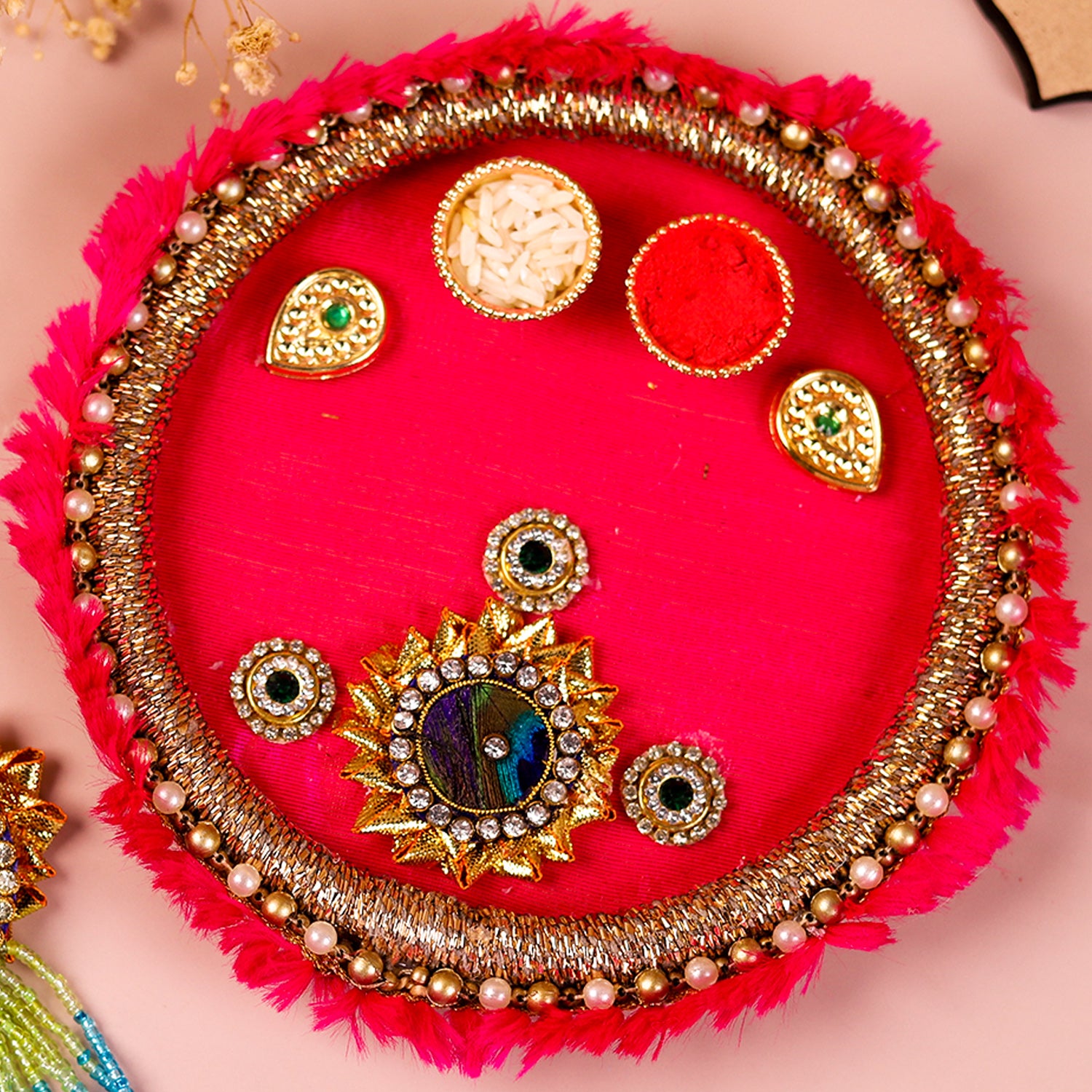Premium Bhaiya Bhabhi Rakhi Set with Designer Pink Feather Pooja Thali & Roli-Chawal