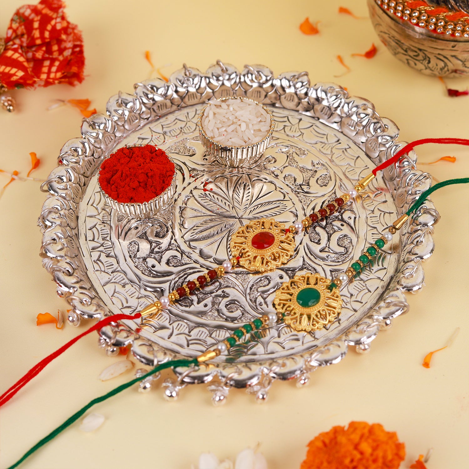 Traditional Silver-Plated Bhaiya Bhabhi Rakhi Set with Designer Thali & Roli-Chawal