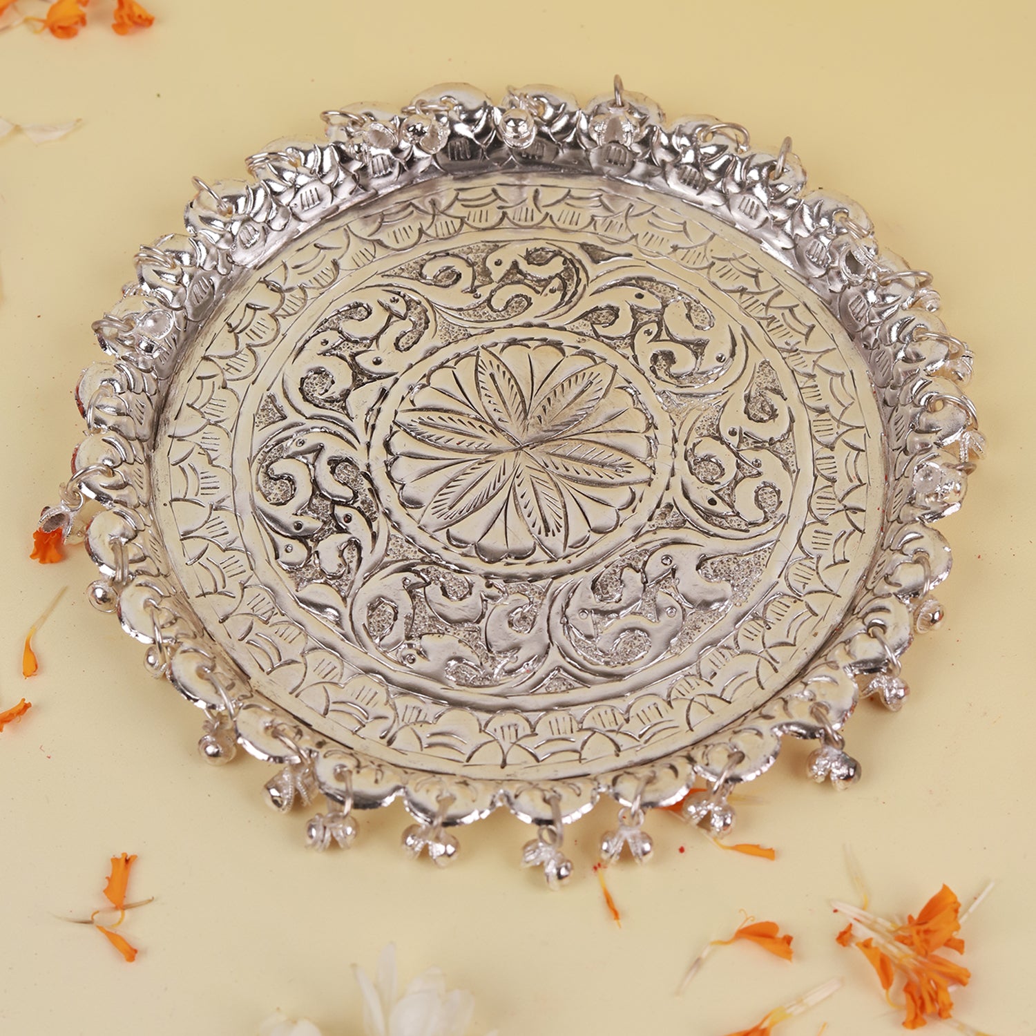 Traditional Silver-Plated Bhaiya Bhabhi Rakhi Set with Designer Thali & Roli-Chawal