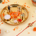 Elegant Brass Bhaiya Bhabhi Rakhi Set with Designer Golden Pooja Thali