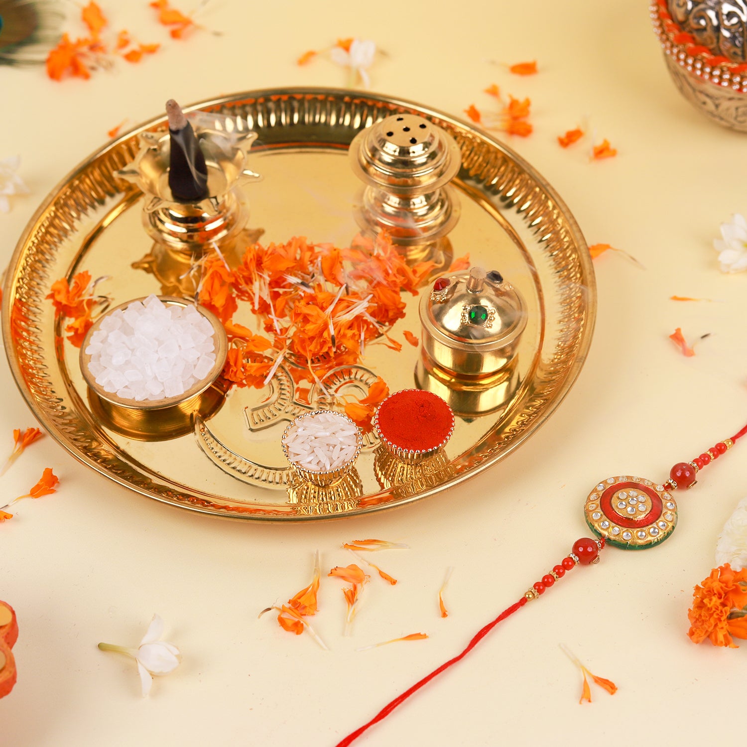 Elegant Brass Bhaiya Bhabhi Rakhi Set with Designer Golden Pooja Thali
