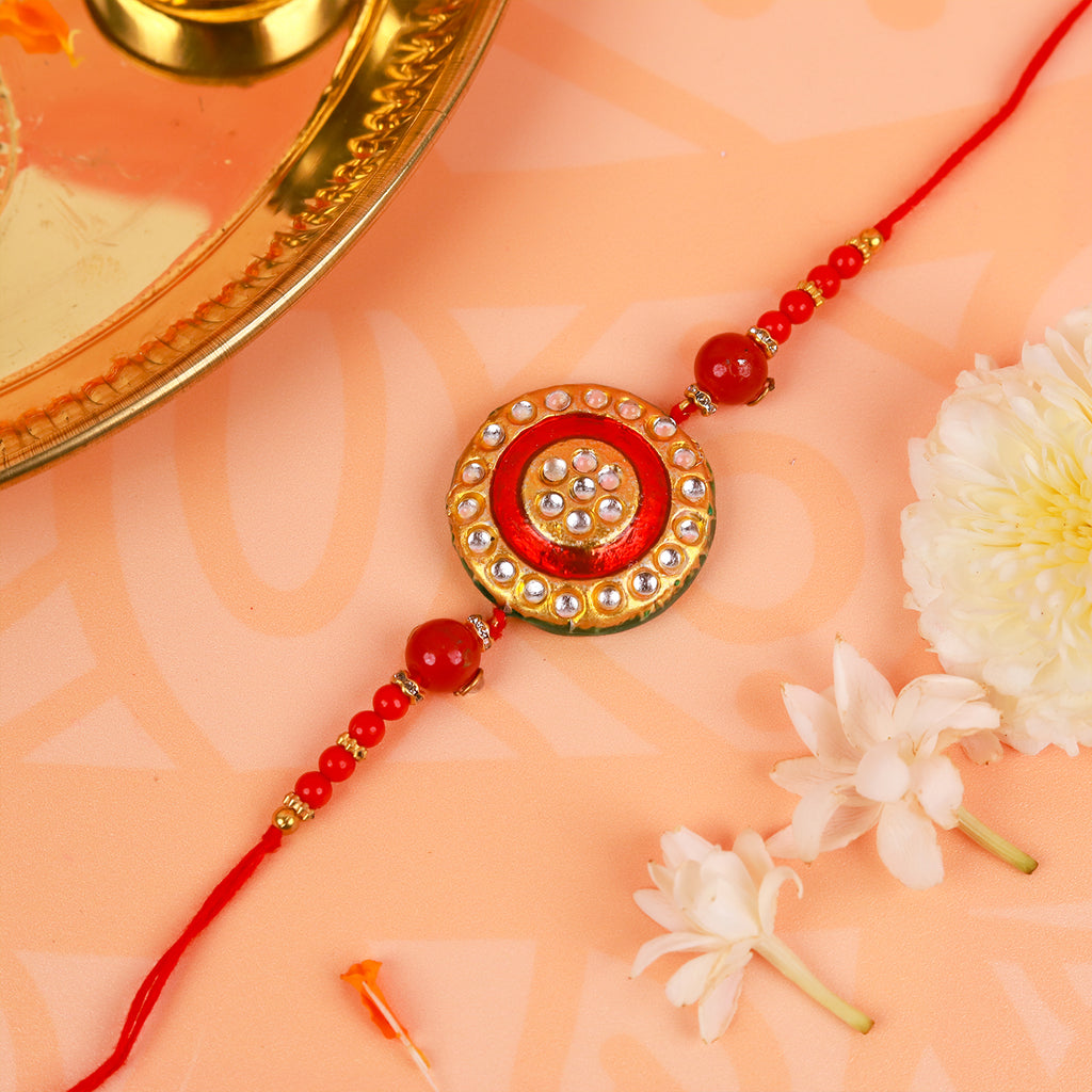 Elegant Brass Bhaiya Bhabhi Rakhi Set with Designer Golden Pooja Thali