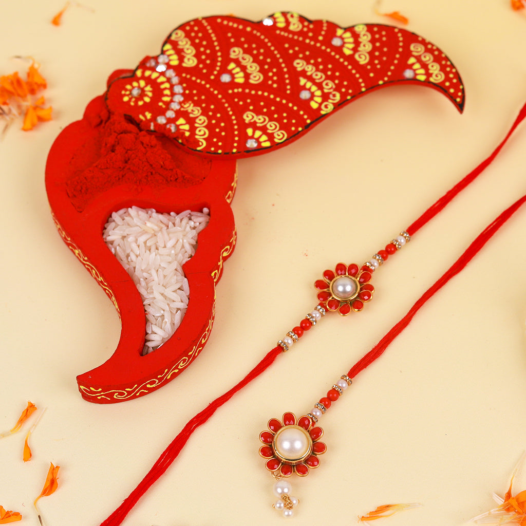 Royal Beads Bhaiya Bhabhi Rakhi Set with Designer Pink Feather Thali