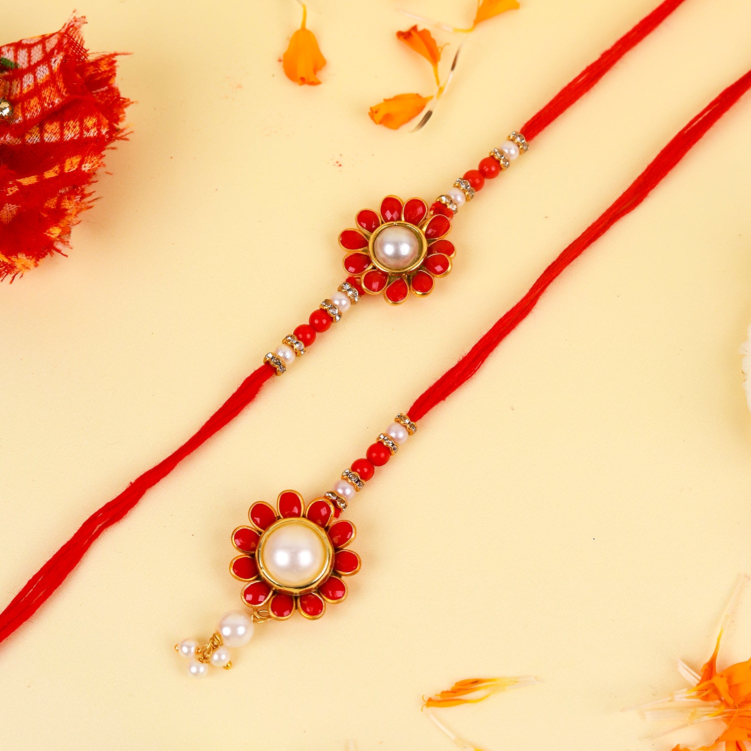Royal Beads Bhaiya Bhabhi Rakhi Set with Designer Pink Feather Thali