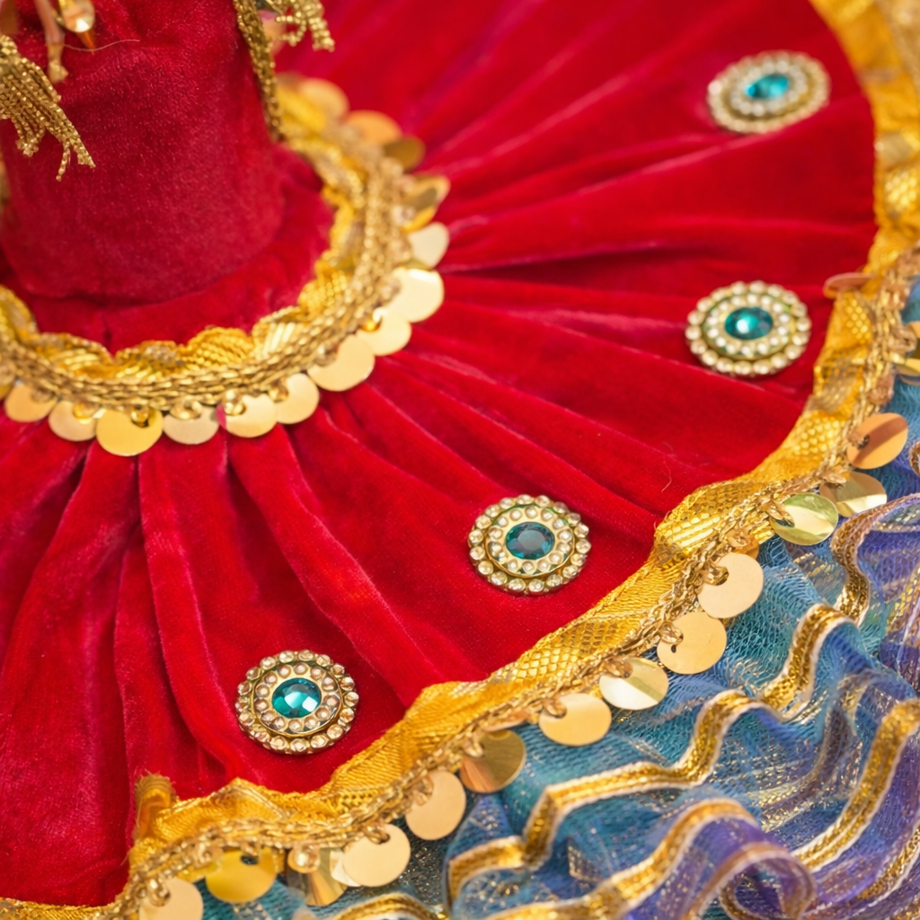Laddu Gopal Red Velvet Blue Layered Poshak