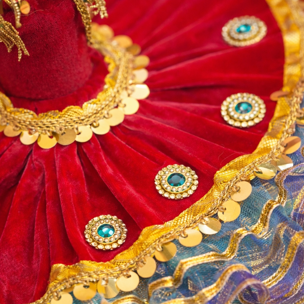 Laddu Gopal Red Velvet Blue Layered Poshak