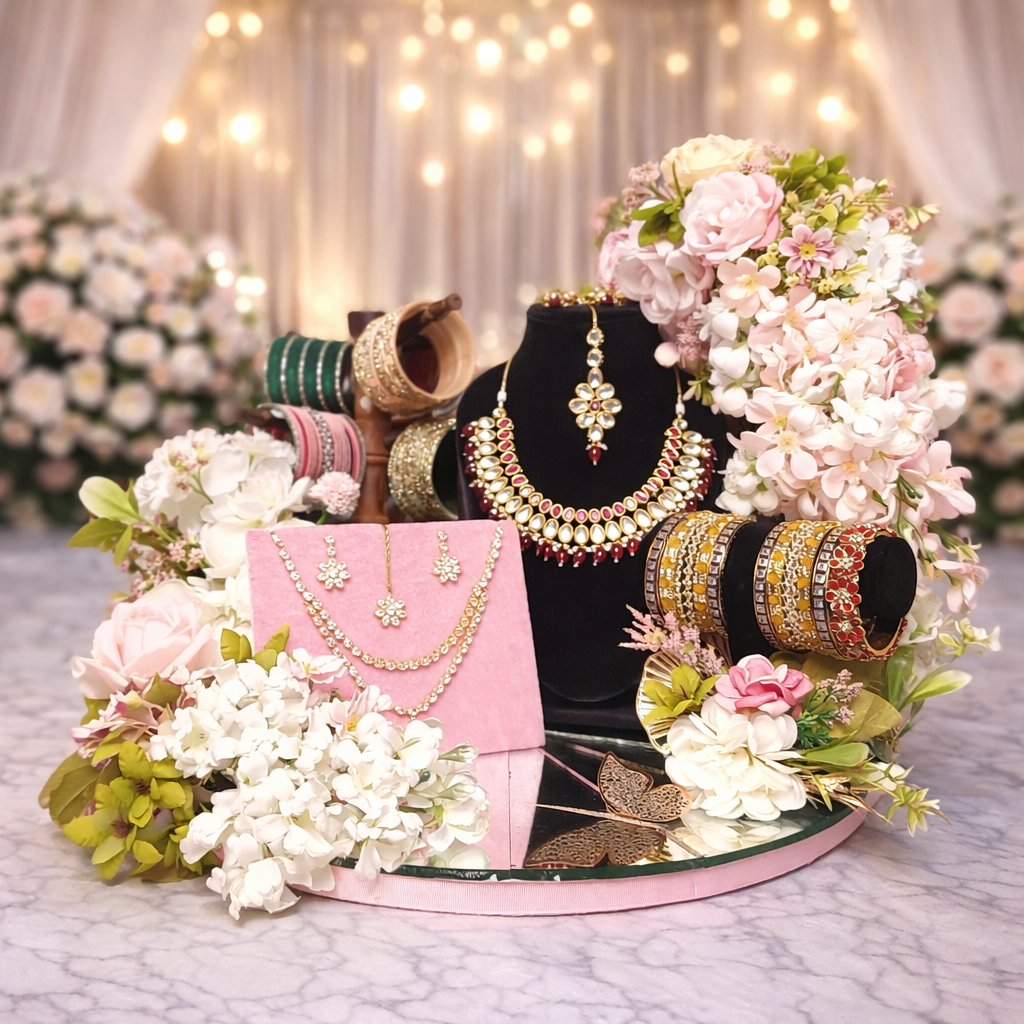 Premium Pink Floral Trousseau Tray – Elegant Bridal Gift Display & Saree Hamper