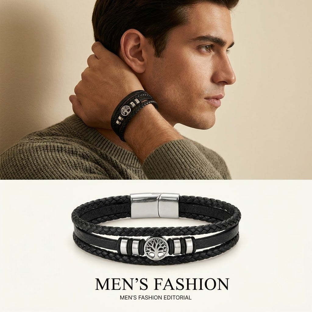 American Style Genuine Leather Multi-Layer Braided Bracelet with Stainless Steel Magnetic Buckle for Men & Boys