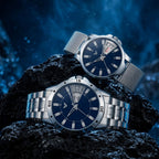 Premium Blue Dial Analog Wrist Couple Watch Set – Stainless Steel & Mesh Strap Set- AB41