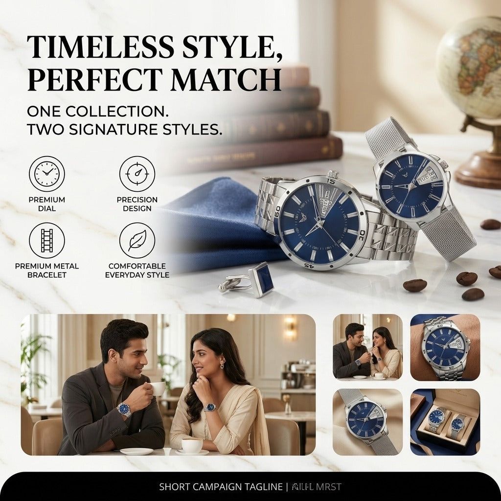 Premium Blue Dial Analog Wrist Couple Watch Set – Stainless Steel & Mesh Strap Set- AB41