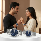 Premium Blue Dial Analog Wrist Couple Watch Set – Stainless Steel & Mesh Strap Set- AB41