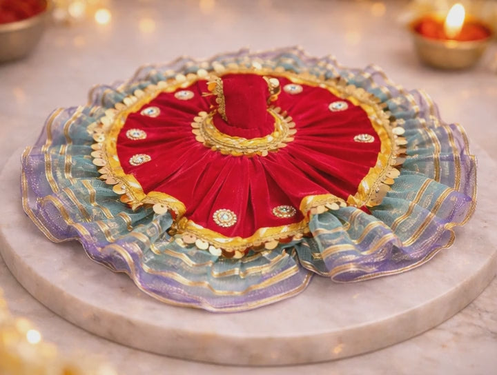 Laddu Gopal Red Velvet Blue Layered Poshak